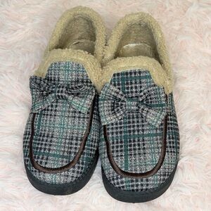 Plaid Bow Slippers with Faux Fur Lining